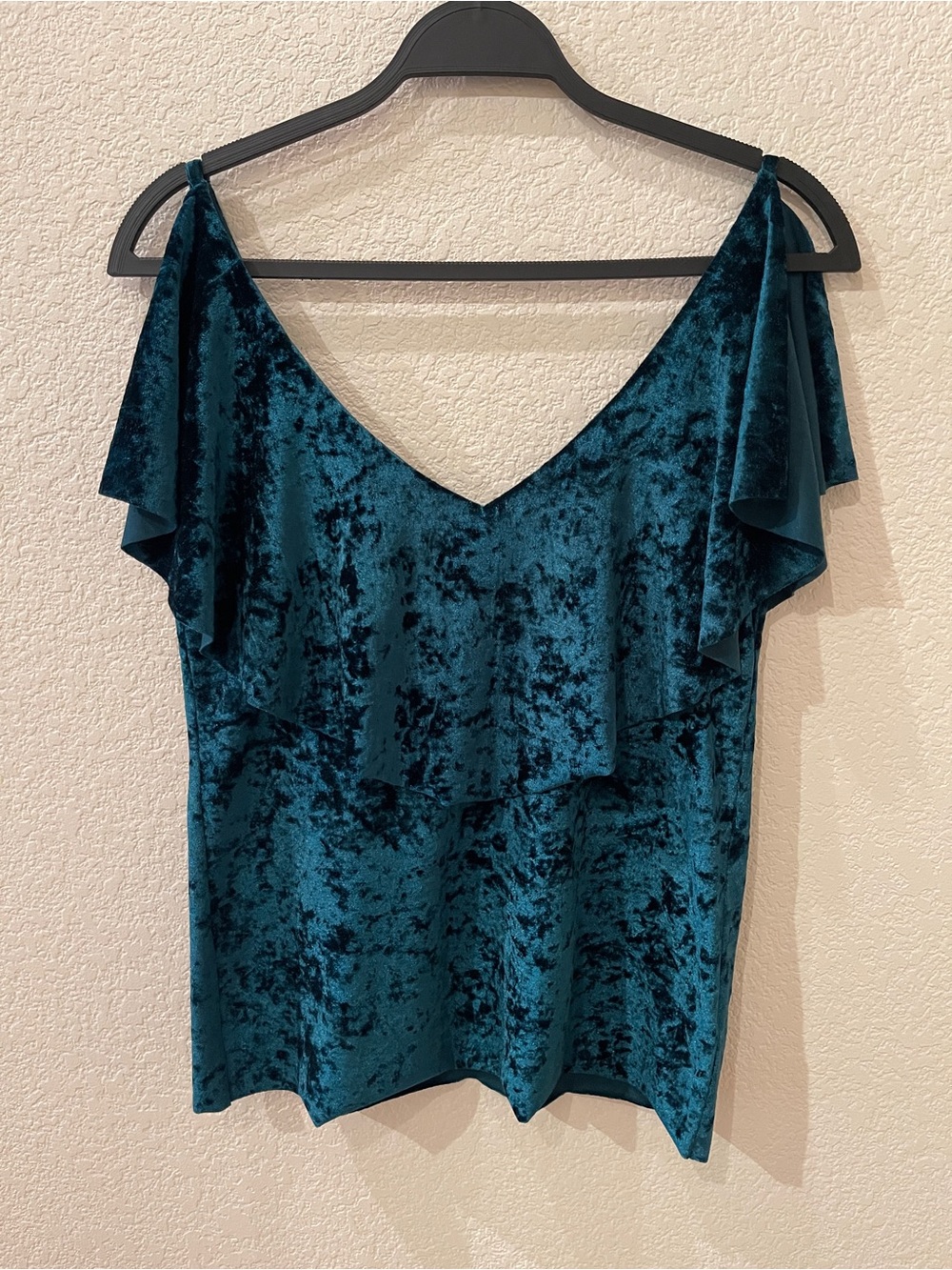 Women's Teal Velvet V-Neck Flutter Sleeve Top